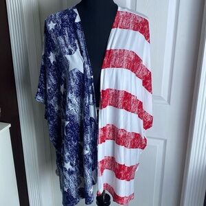 Liberty Park US Flag Print Kimono Cardigan Patriotic July 4 Stars Stripes L NWT